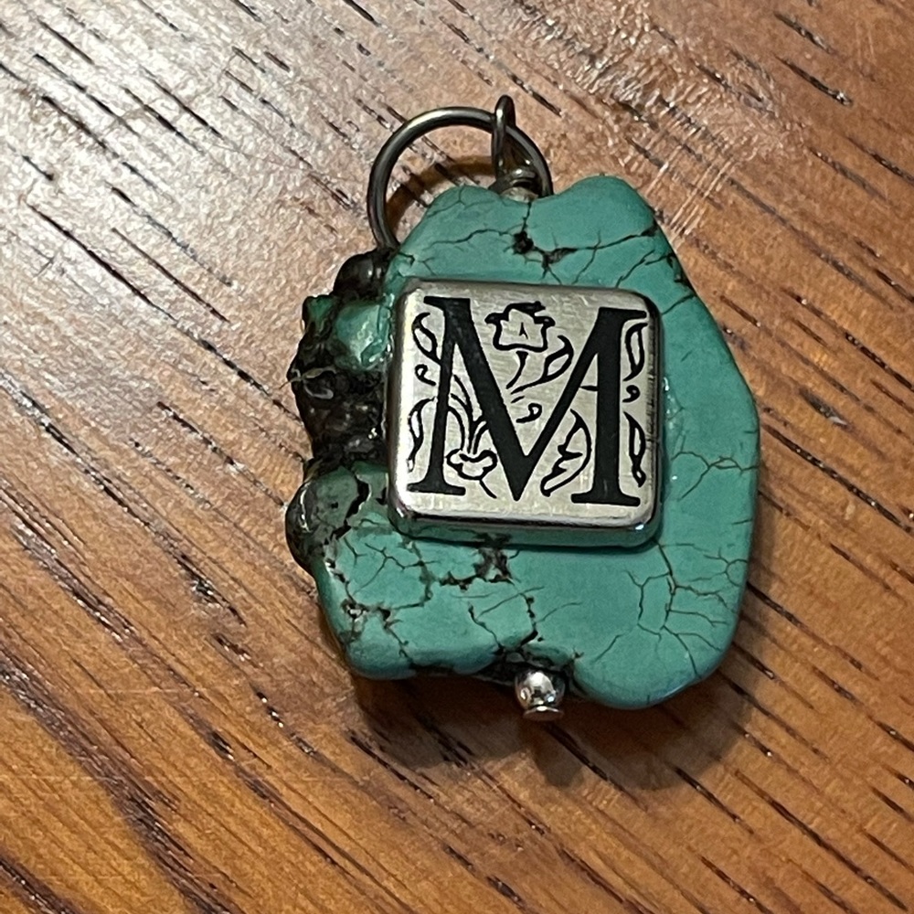 Natural turquoise stone pendant with monogrammed “M” initial